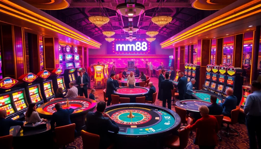 Thrilling mm88 casino action with players at roulette and blackjack tables, showcasing lively gambling atmosphere.