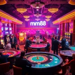 Thrilling mm88 casino action with players at roulette and blackjack tables, showcasing lively gambling atmosphere.