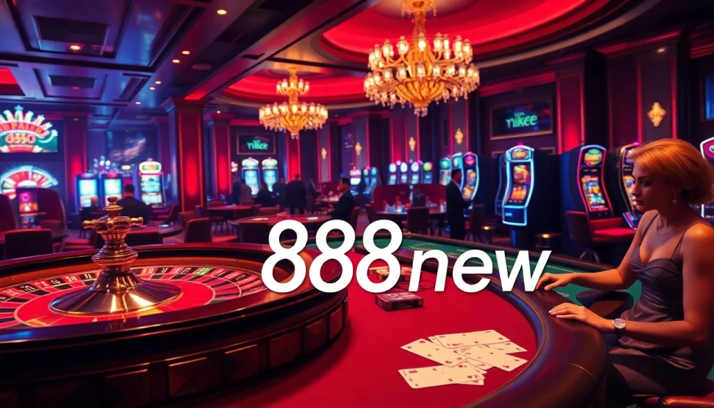 Experience the excitement of gaming at 888new with vibrant poker and roulette action in an upscale casino.