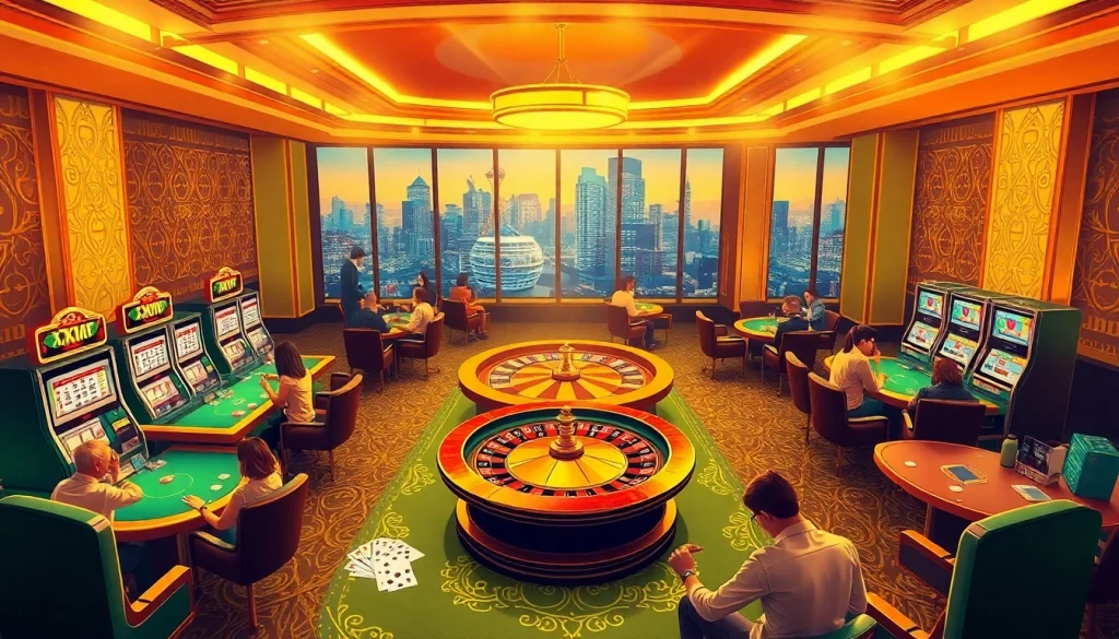 Experience excitement at a luxury casino with XX88 HOW, showcasing vibrant tables, roulette wheels, and engaging players.