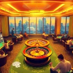 Experience excitement at a luxury casino with XX88 HOW, showcasing vibrant tables, roulette wheels, and engaging players.