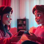 Engaging porn AI chat between animated characters in a cozy digital setting.