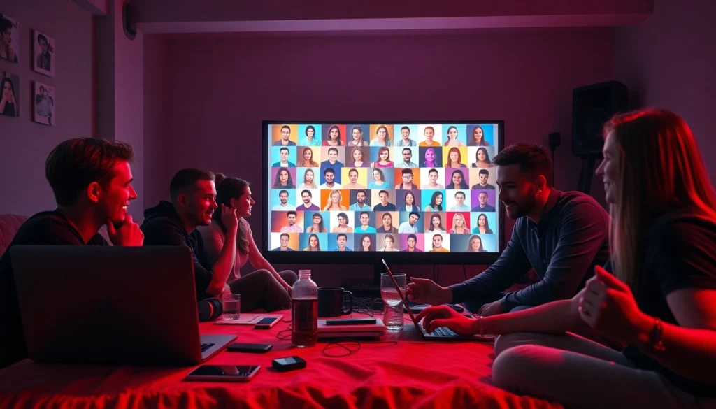 Engaging scene of a porn chat room with diverse users interacting through vibrant digital avatars.