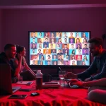 Engaging scene of a porn chat room with diverse users interacting through vibrant digital avatars.