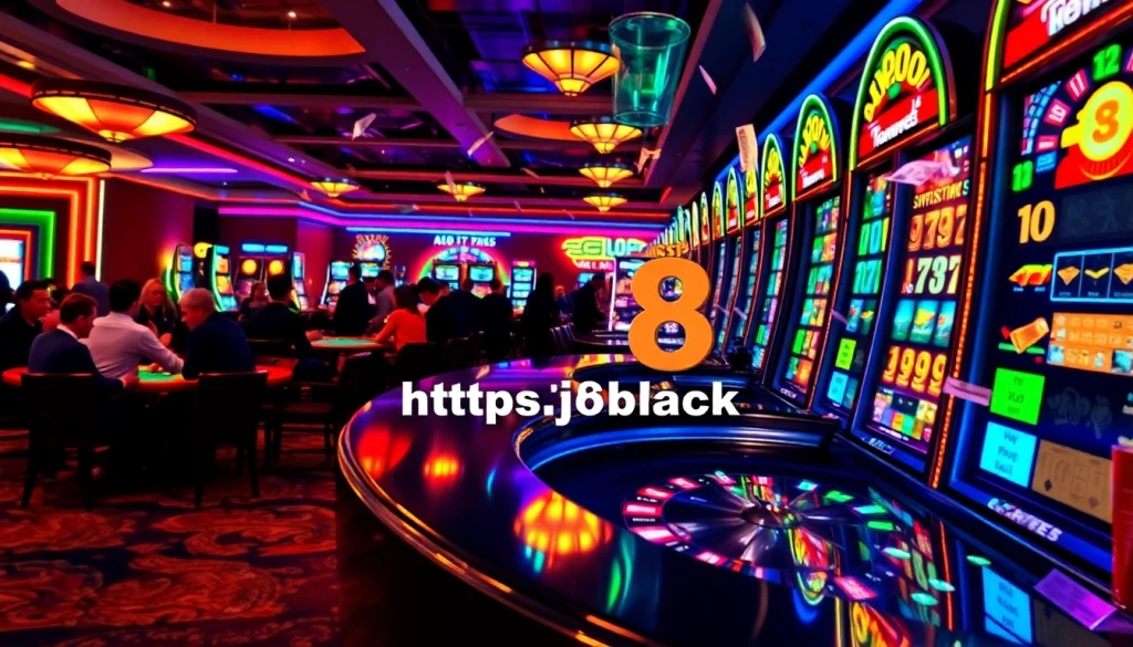 Gambling excitement at a vibrant casino with https://go8.black/ slot machines and poker tables.