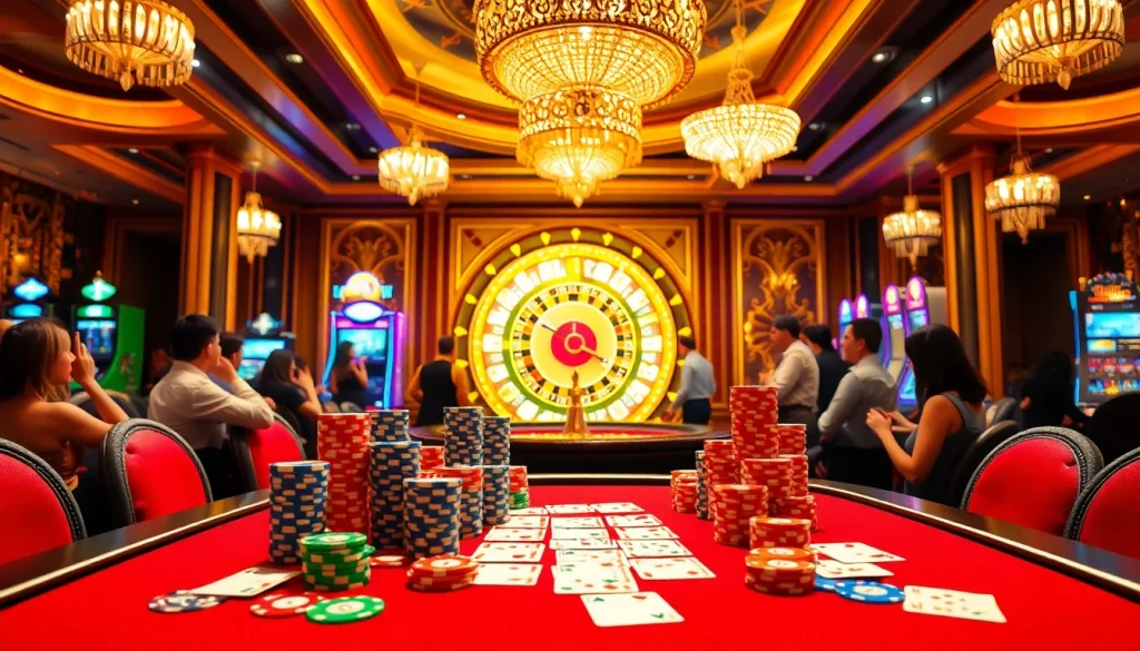 Experience the thrill of winning at Nhà cái OK8386 with colorful poker chips and dynamic casino tables.